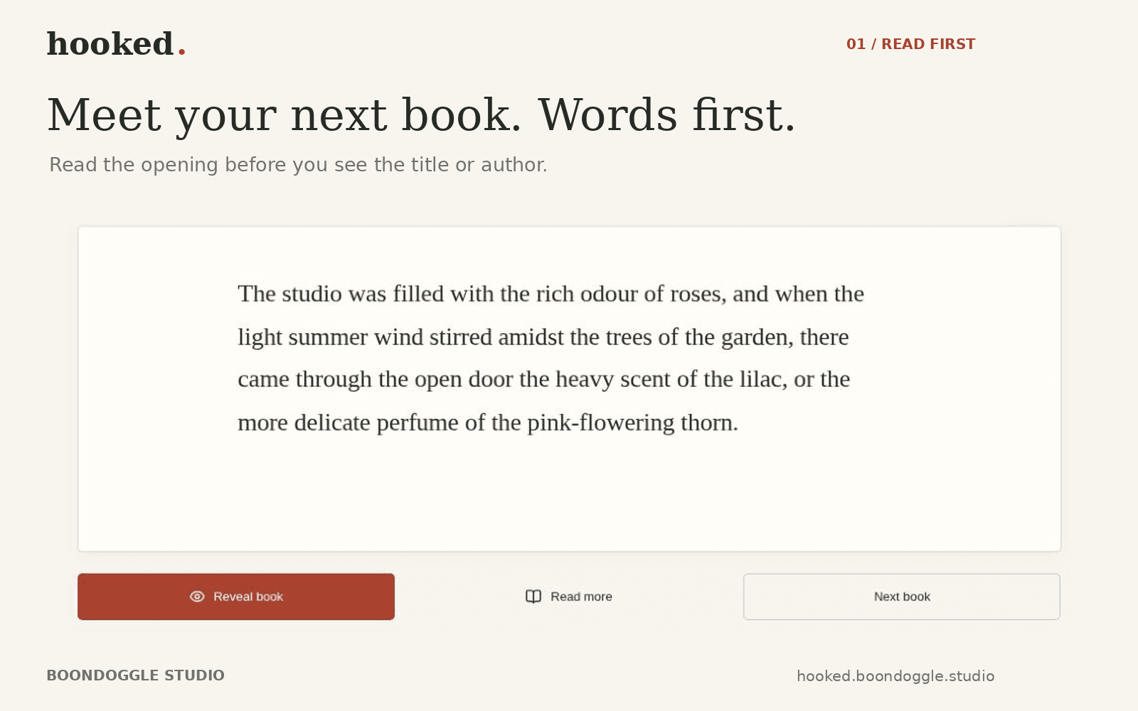Hooked showing a classic novel's opening before revealing its title