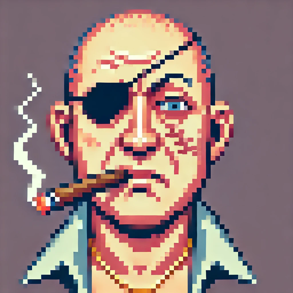 A pixel-art hitman with an eyepatch and cigar